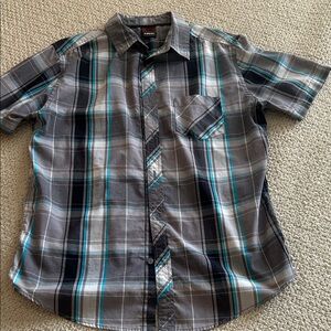 Tony Hawk Gray Plaid Short Sleeve Shirt with Teal Stripes